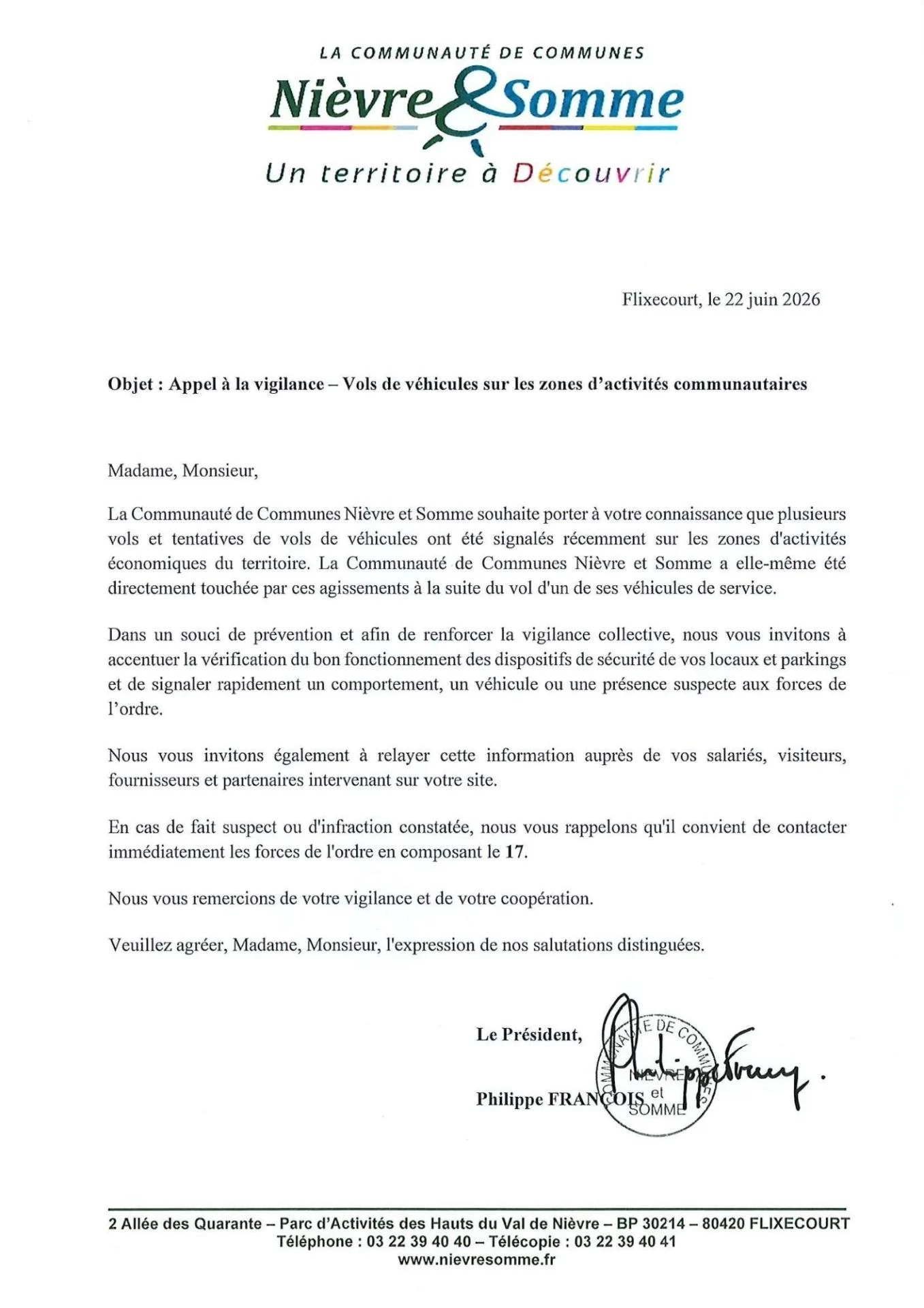 Courrier signe informatif vols de vehicules